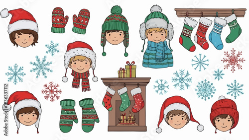 Christmas Winter Holiday Kids Faces with Hats Mittens Fireplace and Snowflakes.