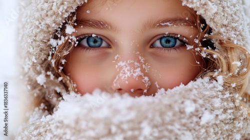 Close-up portrait of child with blue eyes and snowy face enjoying winter season