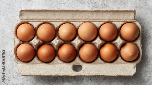 Close up of a dozen organic brown eggs in a carton