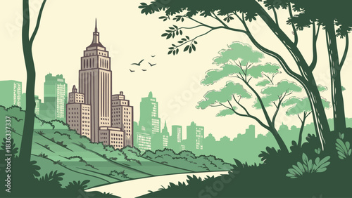Vintage Style Illustration of Urban Skyscrapers Framed by Park Trees