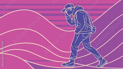 Modern Nomadic Traveler Walking through Abstract Digital Waves