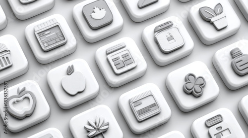 A comprehensive collection of 3D rendered application icons, showcasing various digital tools and daily life symbols in a sleek, modern design for technology and lifestyle concepts