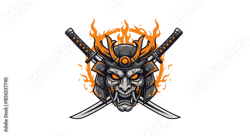 Fiery samurai mask with crossed katanas against a white background