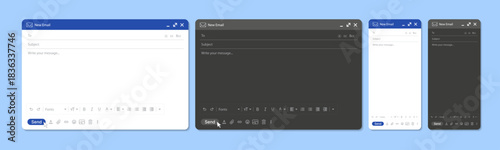 Email Interface UI Set – Light and Dark Mode New Message Window Templates for Desktop and Mobile, Modern Mail Client Vector Illustration