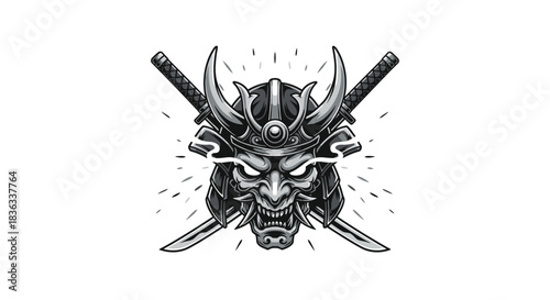 Fierce Samurai Mask with Crossed Katanas and Glowing Eyes