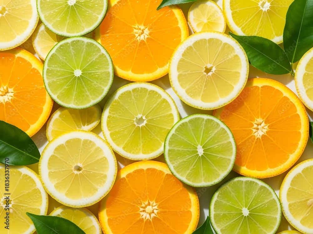 Fototapeta premium Colorful Citrus Mix Sliced Oranges, Limes, and Lemons for Freshness and Vitamin C
