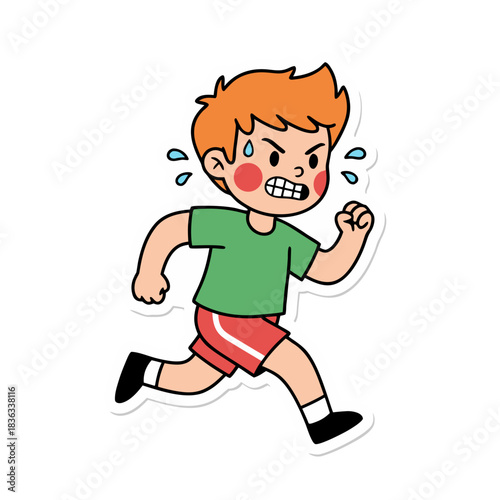 Young Boy With Curly Orange Hair And Red Sweaty Face Running Wearing Green T-shirt And Red Shorts Black Shoes In Motion With Blue Water Droplets On The Side Against White Background