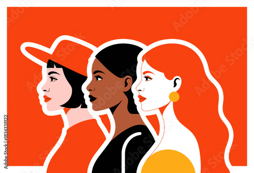 An artistic representation of three women of diverse backgrounds shown in profile, celebrating femininity and empowerment alongside vibrant, colorful graphics.