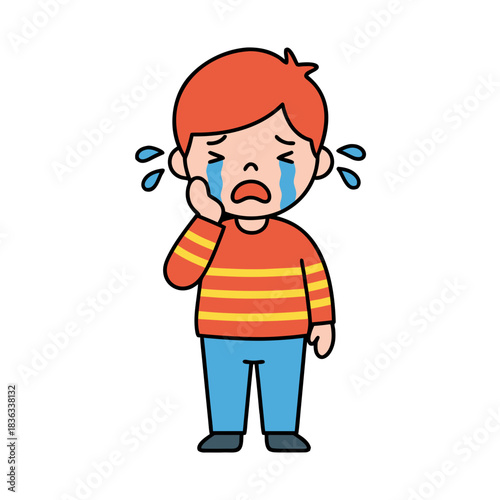 Young Boy With Red Orange Hair And Orange Red Striped Shirt Blue Pants Crying And Covering Eye With Hand Tears Flowing Down Cheeks Isolated On Black Background