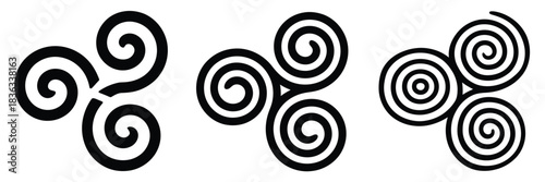 Celtic triskelion spirals in black over white, including triple motifs with two, three, and four turns, rotational symmetry forms, isolated vector artwork perfect for decorative, historical, 