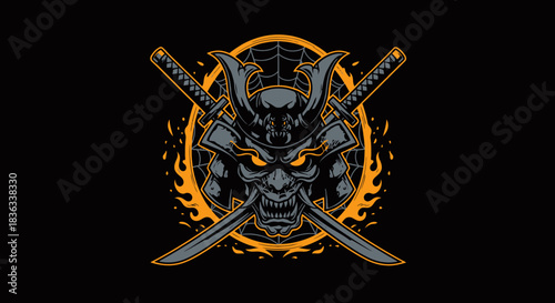 Fiery samurai mask with crossed katanas artwork