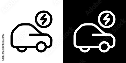 Electric Car Icon Set in Outline Black and White Style Vector Illustration