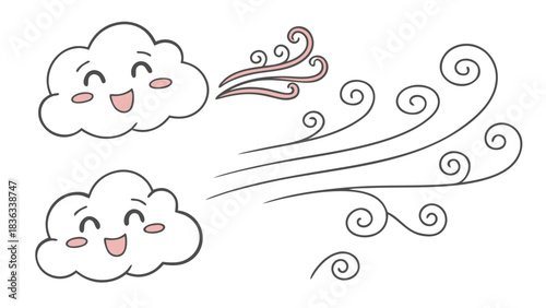 Cute Hawaii Cloud Characters with Gentle Wind Swirls Vector