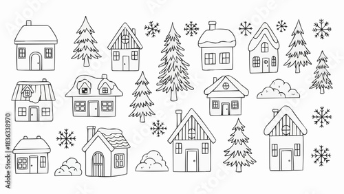 Hand Drawn Winter Village Houses and Christmas Trees Doodle Set.