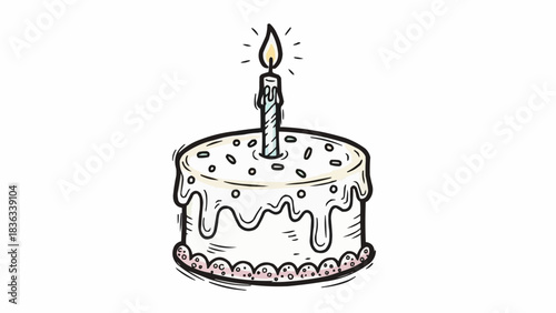 Hand drawn birthday cake with one lit candle illustration.