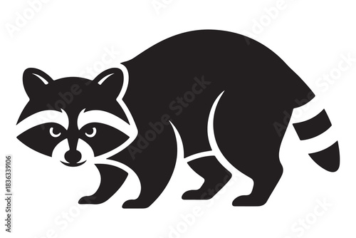  A stylized black silhouette of a raccoon with distinctive facial markings and striped tail