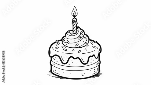 Delicious Birthday Cake with Lit Candle Hand Drawn Illustration.