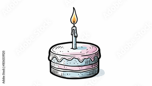 Hand drawn birthday cake with a single lit candle on top.