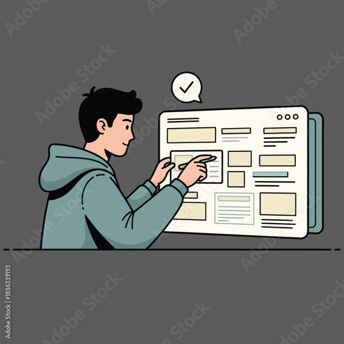  Man designing website layout with a pen, creating new content for web page development