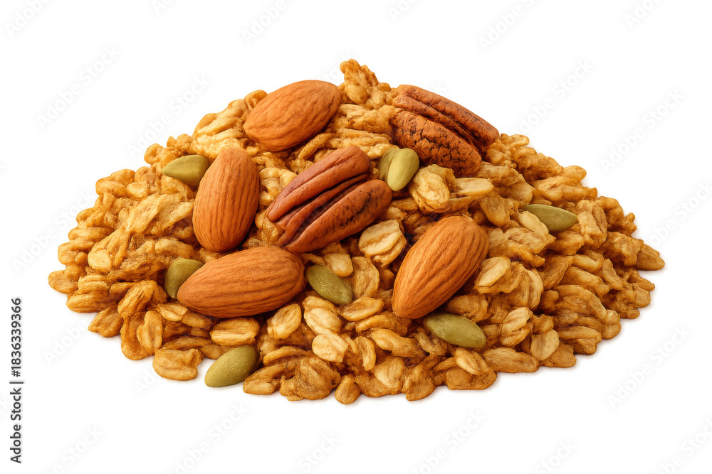 Obraz premium Granola mix with almonds, pecans, and pumpkin seeds, healthy breakfast cereal, snack on transparent background