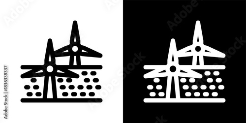 Wind Farm Icon Set in Outline Black and White Style Vector Illustration