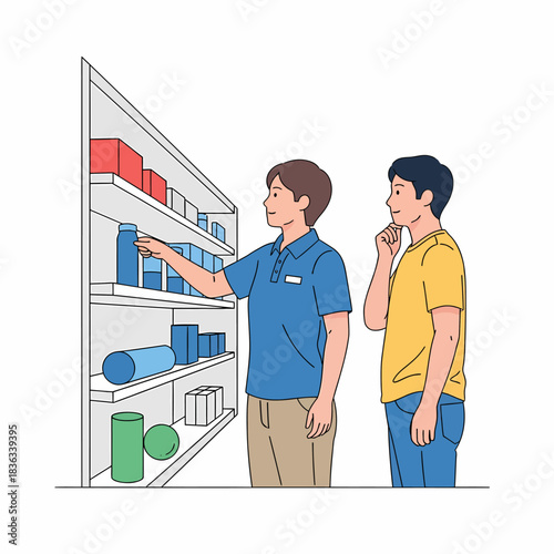 Sales associate helping customer choose product on shelf