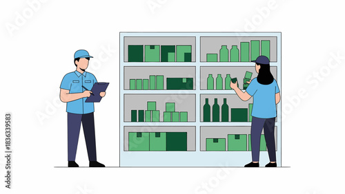 Warehouse workers stocking shelves and checking inventory list