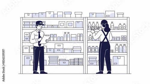 Store staff conducting inventory audit with notepad and boxes