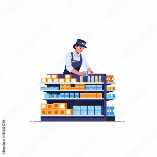 Female retail worker arranging products on store shelf