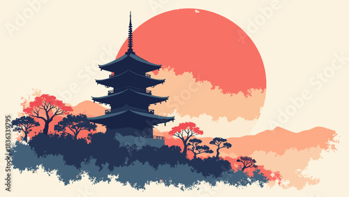 Five-story Pagoda, detailed black silhouette, large red sun behind the tower, Kyoto architecture vibe, flat design, vector style, white background