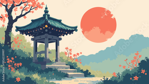 Stone lantern (Toro) in a garden, mossy texture, large red sun background, tranquil mood, simple illustration, flat vector, white background