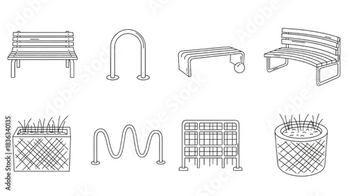 Collection of outdoor park furniture and amenities including benches and planters