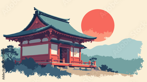 Shinto shrine roof detail, curved eaves, large red sun, closeup minimalist composition, bold shapes, flat vector, white background