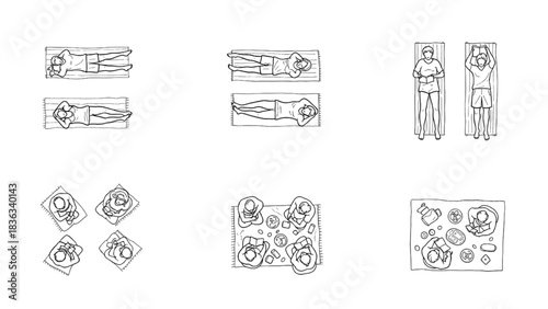 Set of minimalist cad architectural drawing vector line art illustrations showing people in leisure activities from Architectural Drawings