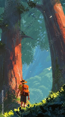 Hiker walking through a sunlit forest landscape