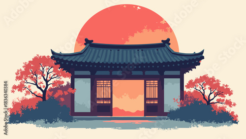 Traditional tea house, sliding doors, silhouette against a low red sun, architectural flat design, clean lines, vector style, white background