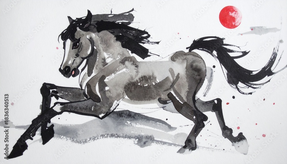 Obraz premium A brush-drawn ink painting of a horse in motion 筆で描いた躍動する馬の墨絵