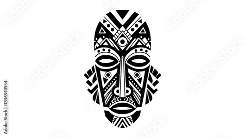 African tribal mask, geometric shapes, bold lines, black and white vector illustration, cultural pattern details, isolated design