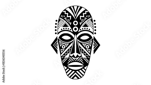 African tribal mask, geometric shapes, bold lines, black and white vector illustration, cultural pattern details, isolated design