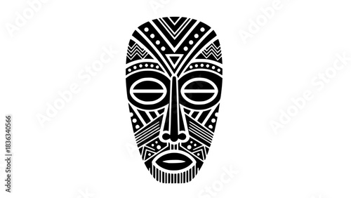 African tribal mask, geometric shapes, bold lines, black and white vector illustration, cultural pattern details, isolated design
