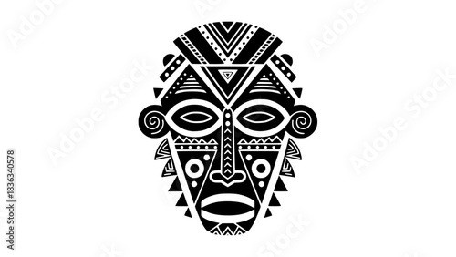 African tribal mask, geometric shapes, bold lines, black and white vector illustration, cultural pattern details, isolated design