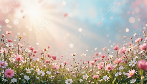 Fototapeta Naklejka Na Ścianę i Meble -  Delicate daisies bloom in a pastel meadow bathed in sunlight, spring aesthetic