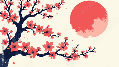 Plum blossom branch, jagged branch silhouette, large red sun, winter bloom concept, ink painting style, flat vector, white background