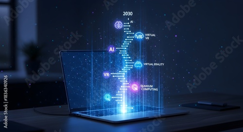Digital Transformation Roadmap: Future Technology Timeline with AI, VR, Quantum Computing on Laptop