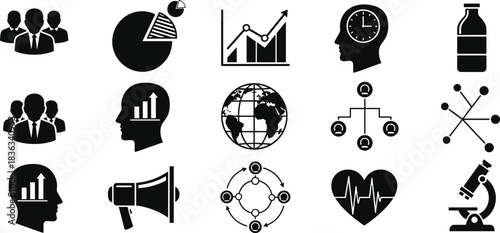 Business Management, Analysis, Growth, People, Communication, Global, Structure, Health, Science, Vector Icons Set, Corporate Black Pictograms, Strategy and Concept Elements