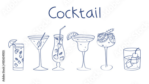 Hand drawn style cocktail  drinks selection. Vector illustration element for culinary, food and beverages theme. Bar, lounge or restaurant menu decoration