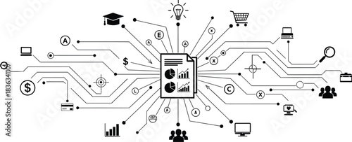 Data analytics icons, business intelligence symbols, infographic elements, vector set, editable design, black silhouettes, digital ecosystem, concept visualization, report interface