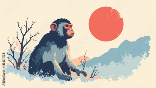 Japanese Macaque (Snow Monkey), simple profile silhouette, large red sun, winter vibe, minimalist animal art, flat vector, white background