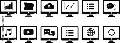 Digital Data Analysis, Business Management, Communication, Media, Cloud Storage, Teamwork, Strategy, Global Network, Vector Icons Set, Corporate Black Pictograms, Technology and Planning