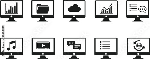 Digital icons, web interface symbols, data visuals, media elements, infographic pictograms, vector set, black silhouettes, editable graphics, concept design assets